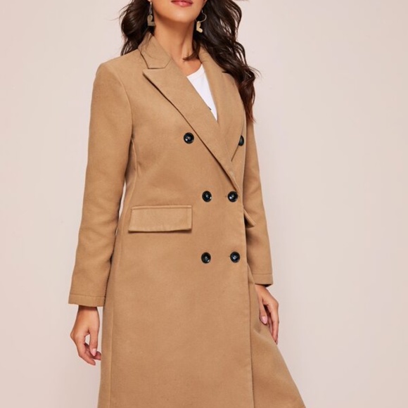 Camel Tan Button up Trench Pea Coat Minimalist - Picture 3 of 6
